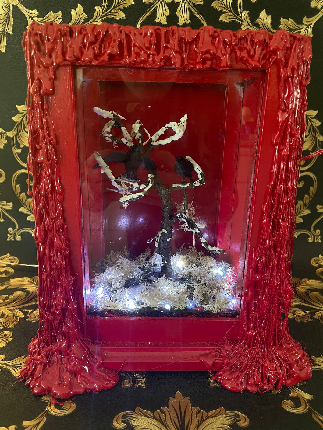 Red Shadow Box w/ Light Up Crow Scene