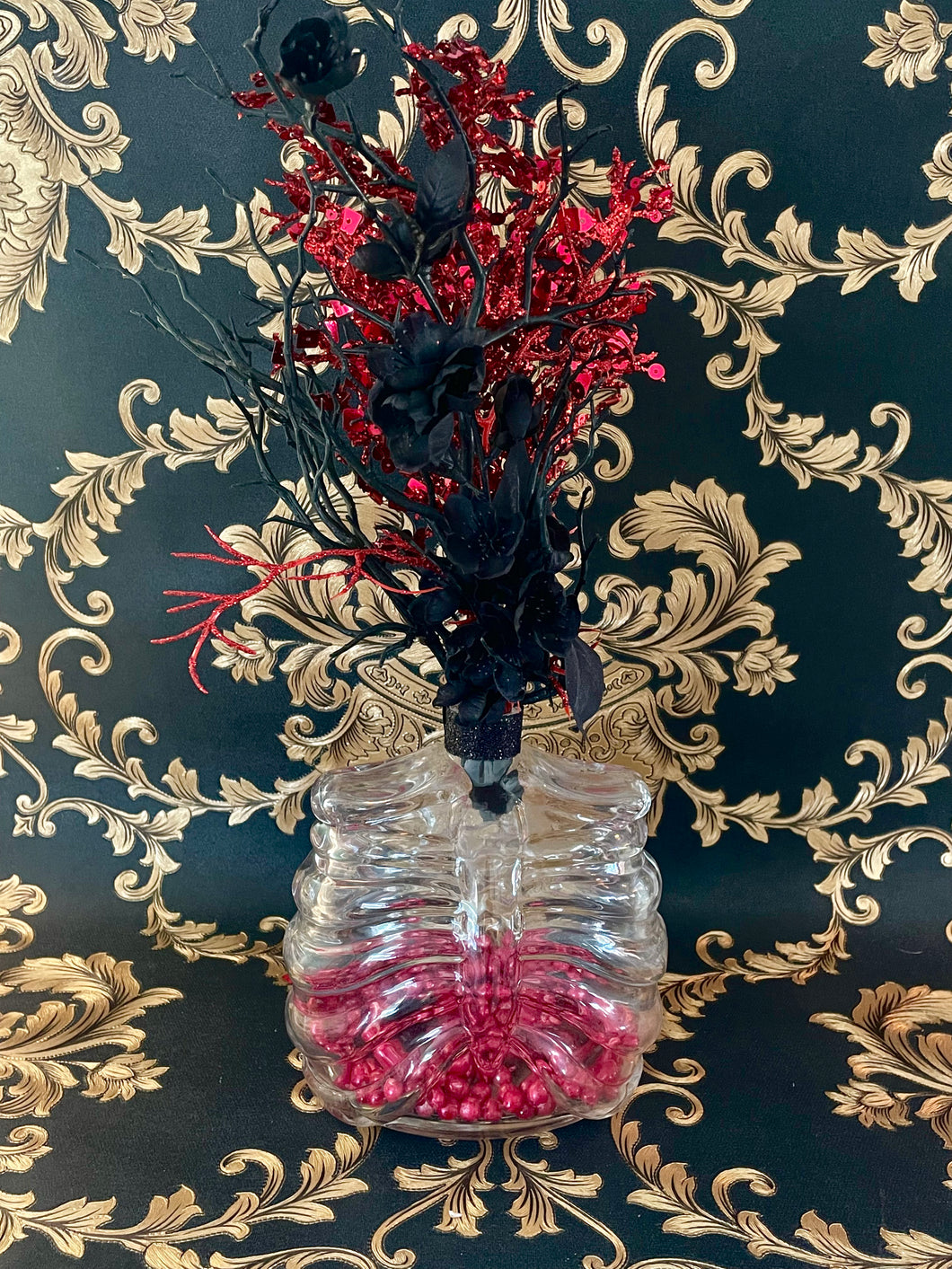 Skeleton Ribcage Vase with Red and Black Floral